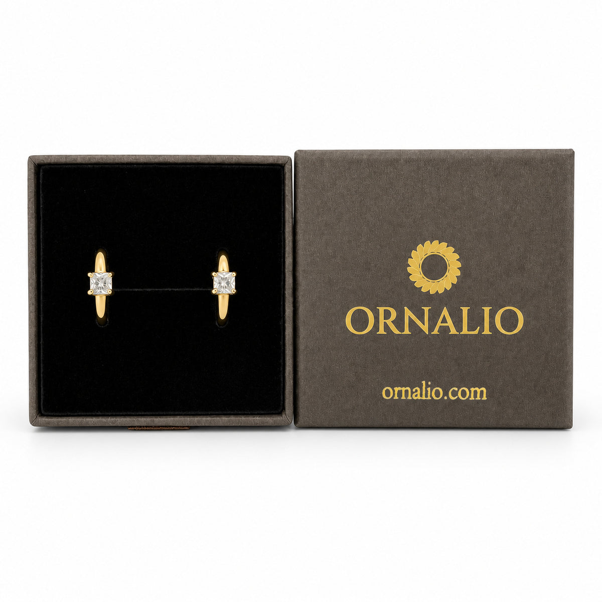 Ornalio Crystal Huggie Hoops – Gold in presentation box.