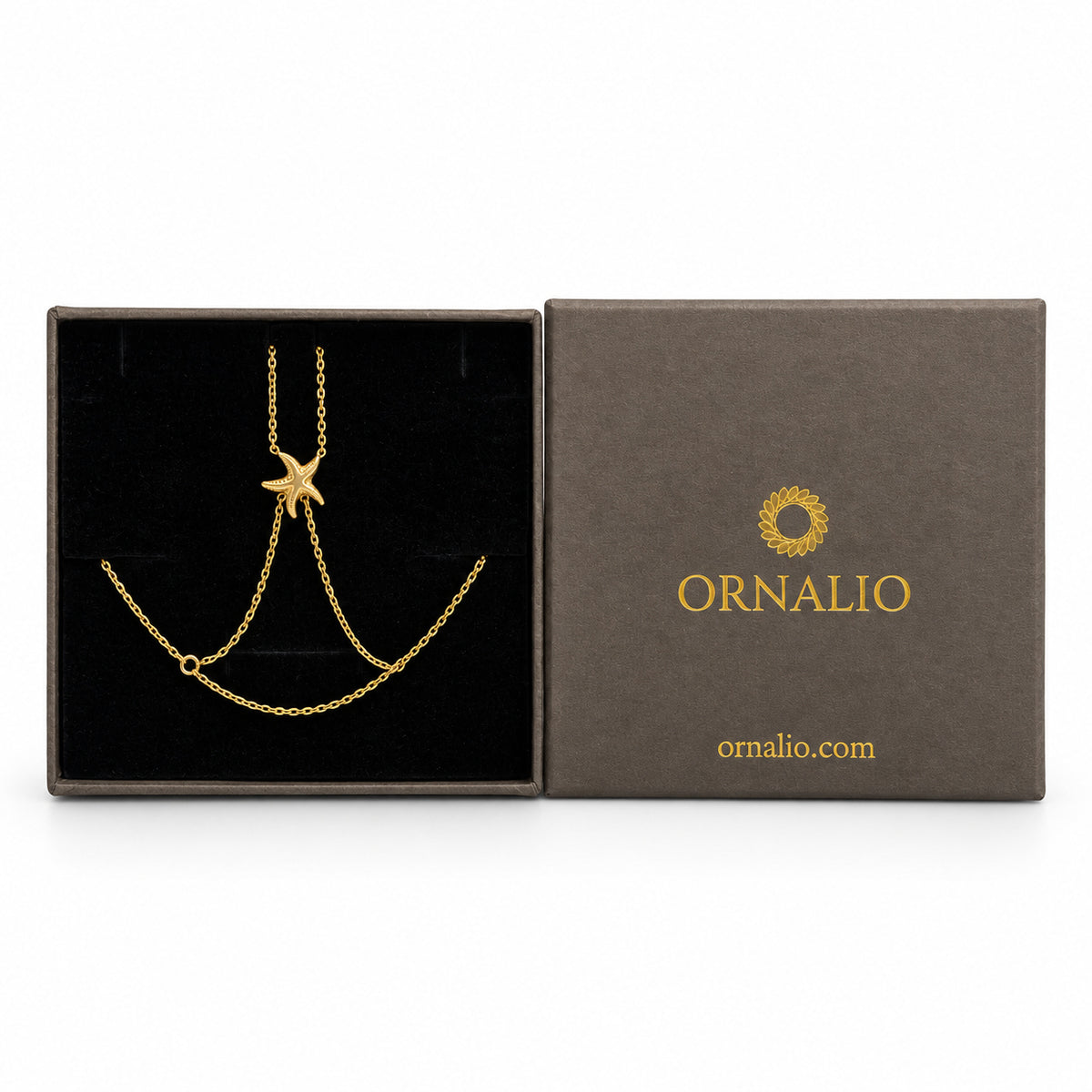 Ornalio Starfish Handchain Bracelet – Gold in presentation box.