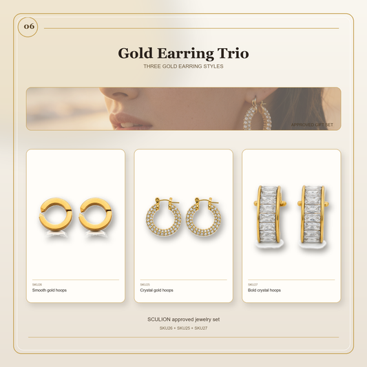 Gold Earring Trio Gift Set – waterproof 18k PVD earrings – Ornalio