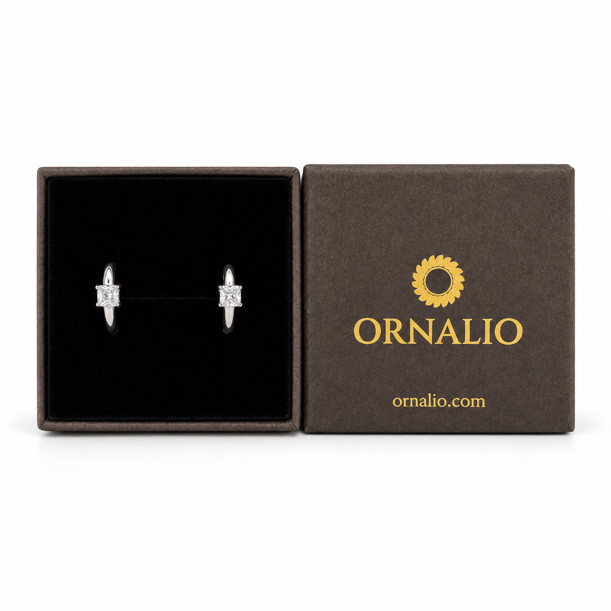 Ornalio Crystal Huggie Hoops – Silver in presentation box.