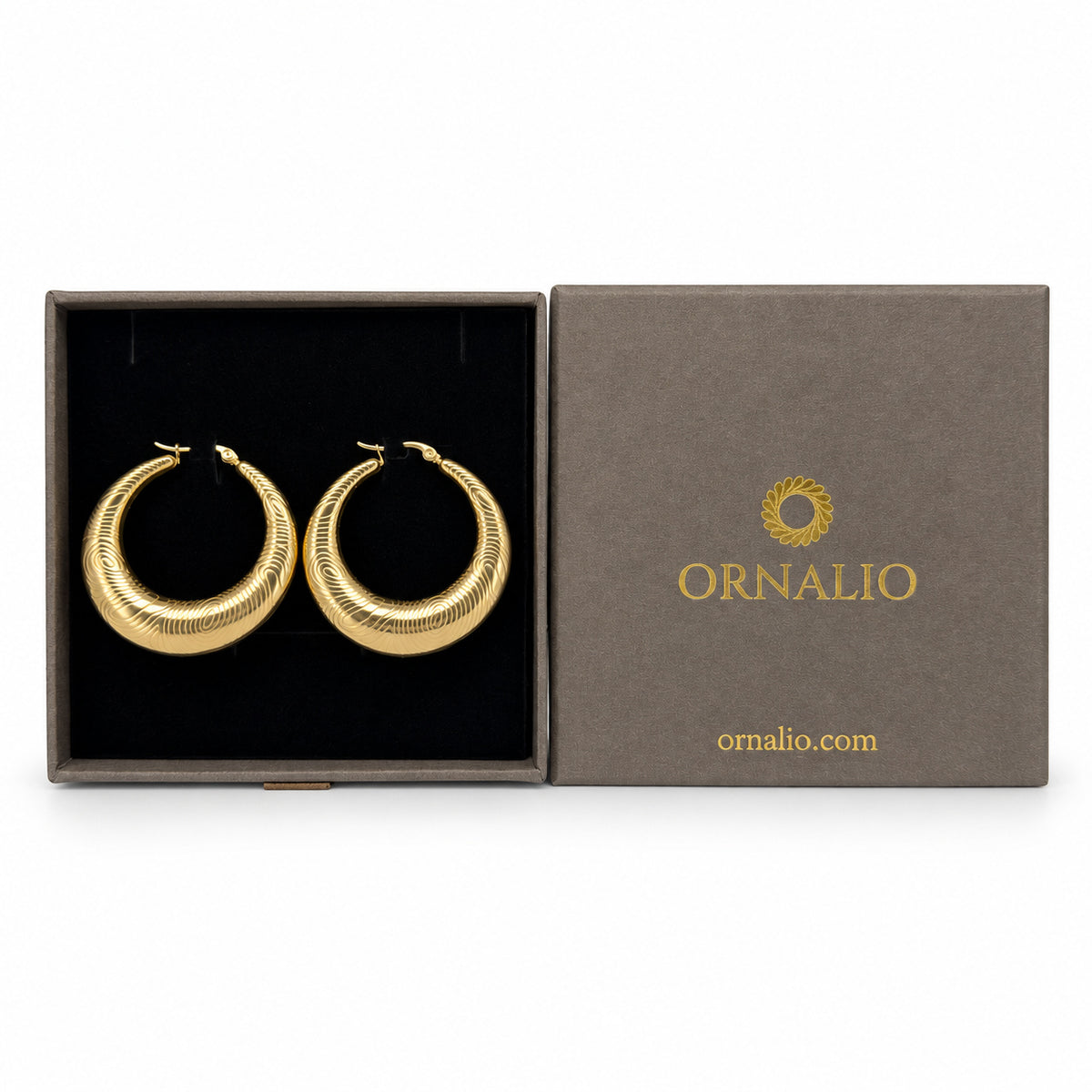Ornalio Hoop Earrings – Gold in presentation box.