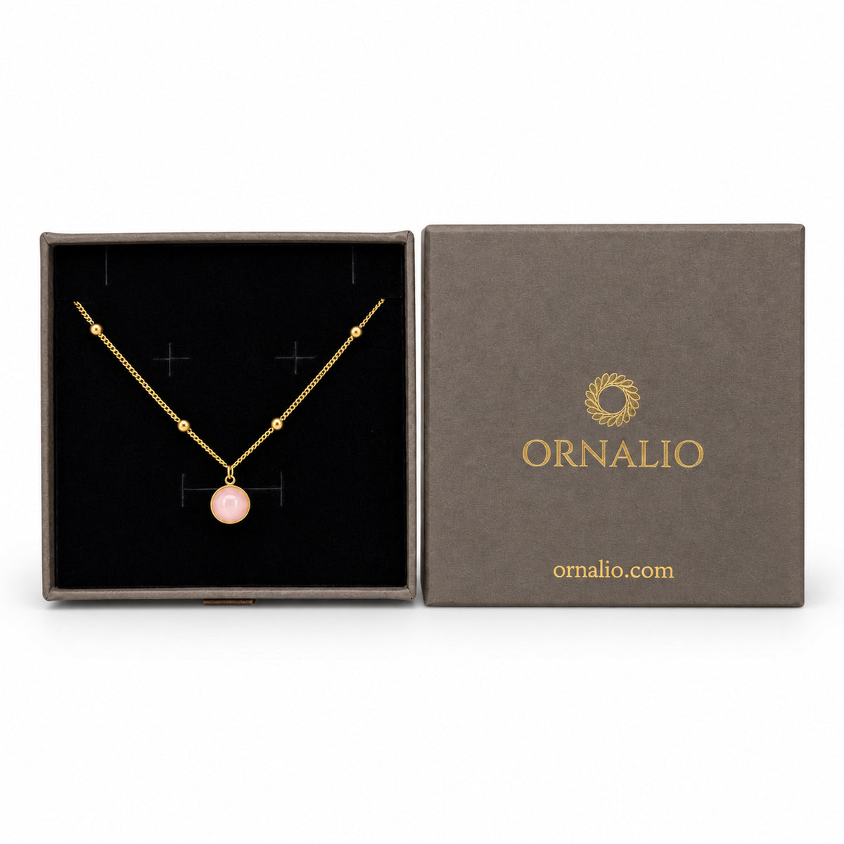 Ornalio Pink Stone Pendant Necklace – Gold in presentation box.