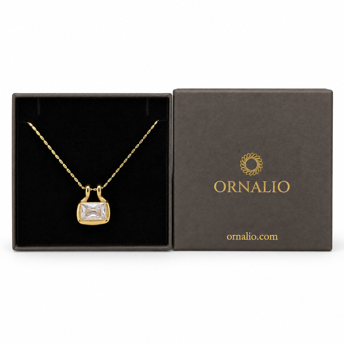 Ornalio Crystal Solitaire Pendant Necklace – Gold in presentation box.