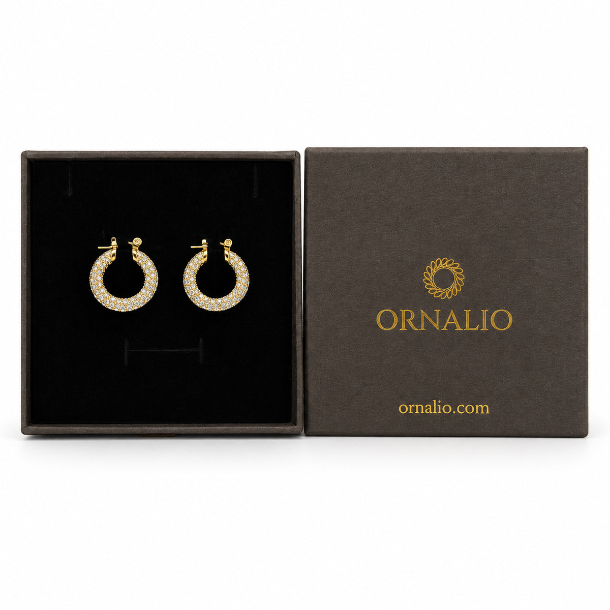 Ornalio Crystal Pavé Huggie Hoops – Gold in presentation box.