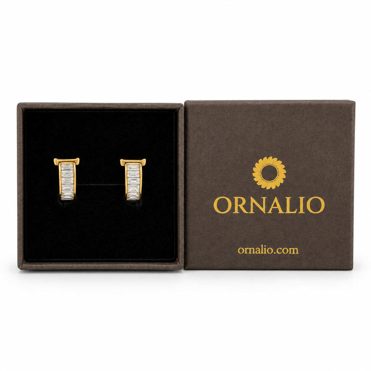 Ornalio Crystal Baguette Ear Cuff – Gold in presentation box.