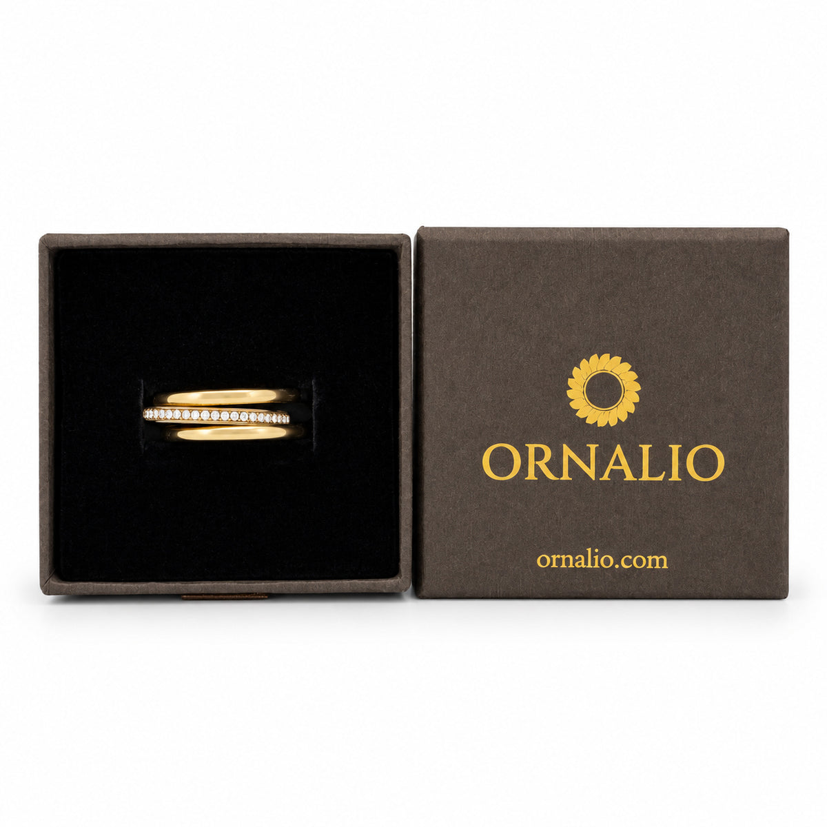 Ornalio Crystal Linked Stacking Ring – Gold in presentation box.