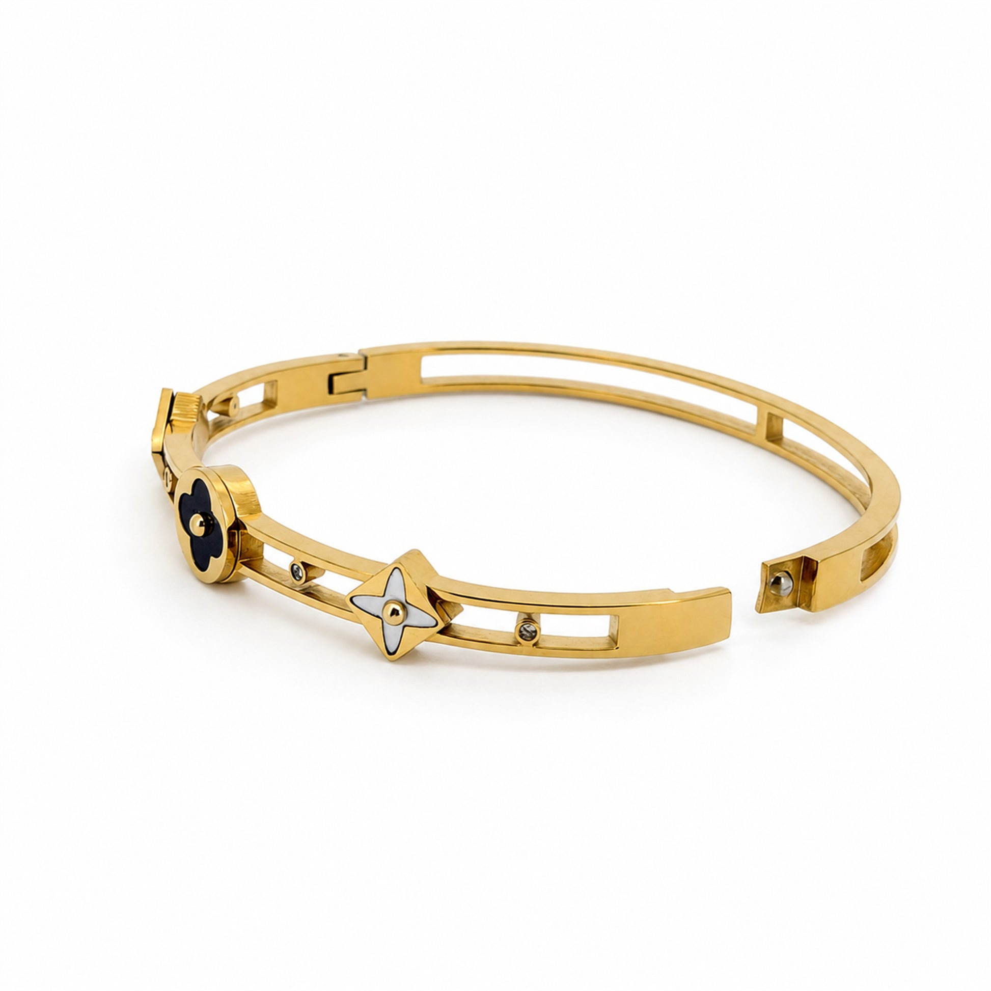 Clover Bracelet – Gold – hinged screw-pin clasp open – Ornalio